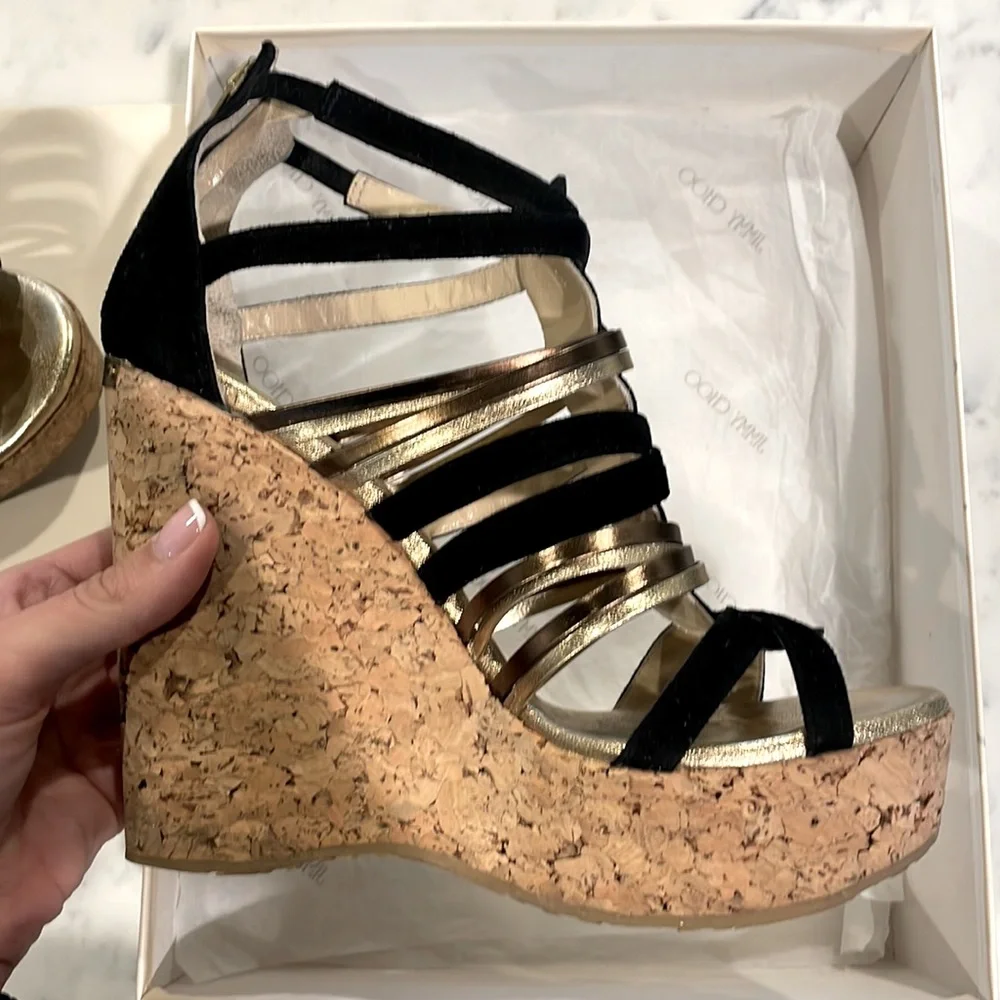 Jimmy Choo SUEDE/NAPPA/MIRROR BLACK Wedge - STYLE 121PEKABO Cork Wedges - Picture 2 of 9